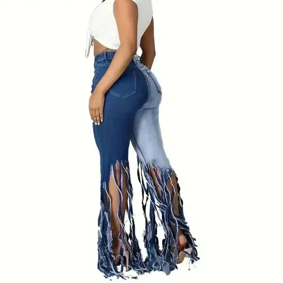 Wide Leg Two-Tone Flare Tassel Jeans (Two Tone Denim Blue) - Picture 3 of 4